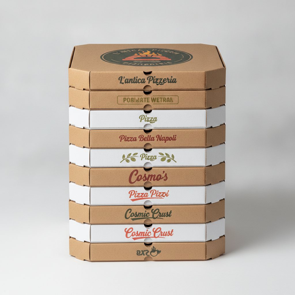 Cartons à pizza personnalisés empilés avec différents logos de pizzerias — impression LAPA Suisse