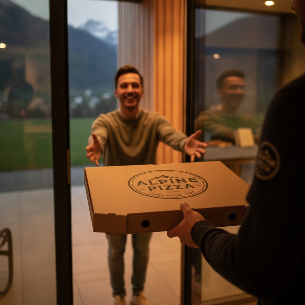 Un client qui reçoit chez lui une pizza dans le carton personnalisé de la pizzeria — livraison LAPA Suisse