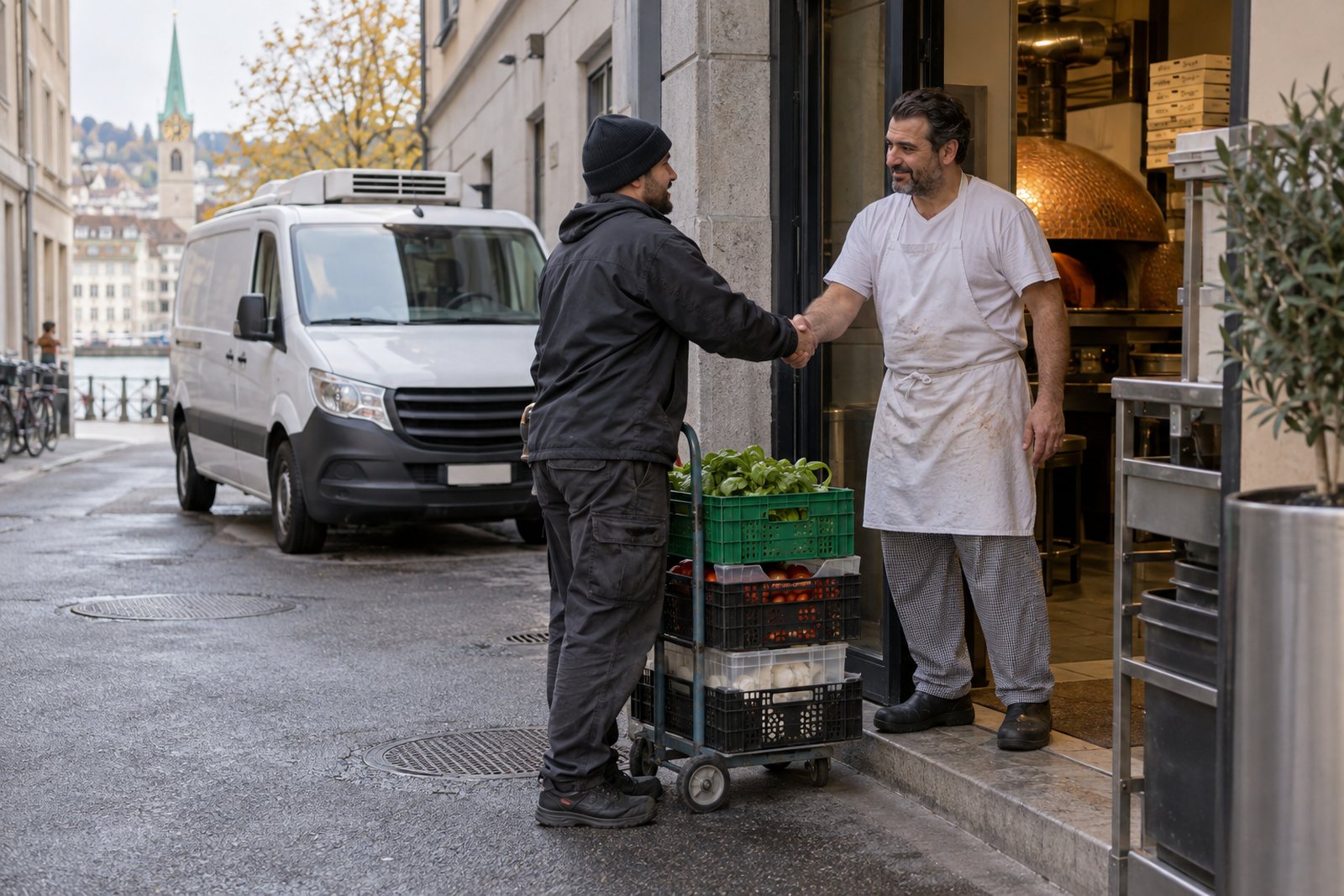 Driver delivering products to a pizzeria
