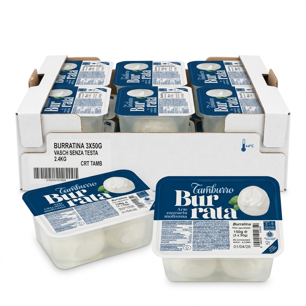 Burratina 3×50 g Vaschetta Senza Testa (Cartone 2,4 kg) — La Monella Tamburro