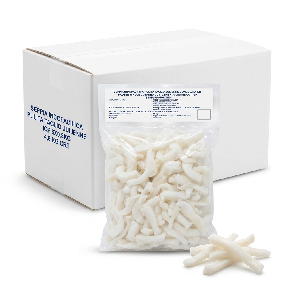 Seiche Indo-pacifique Nettoyee Coupe Julienne IQF Inde Amulya Fao 51/57 Congelee Poids Sans Glacage 6x0,8kg 4,8 KG Crt FREDD
