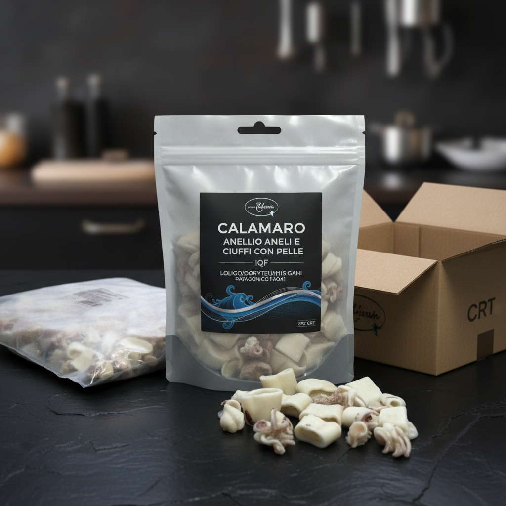 CALAMARO ANELLI E CIUFFI CON PELLE IQF LOLIGO/DORYTEUTHIS GAHI PATAGONICO FAO41 5PZ CRT