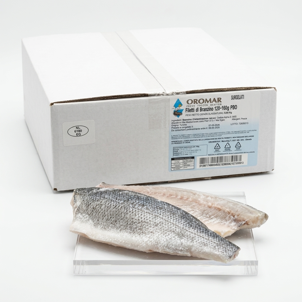 Filetti di Branzino (Spigola) con Pelle IQF Turchia 120-160 g — 5 kg Cartone