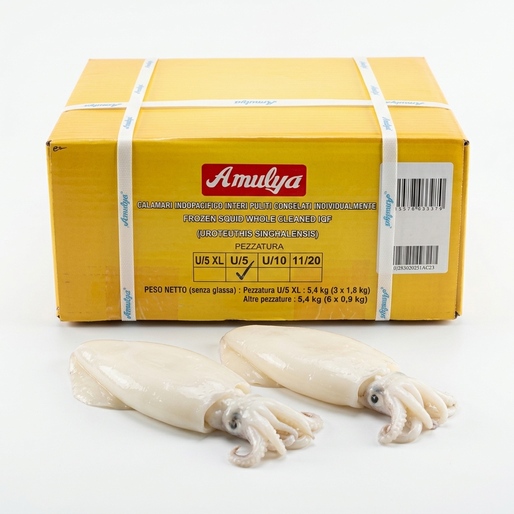 Calamar Indo-pacifique Entier Nettoye IQF Inde Amulya U/5 Fao 51/57 Congele Poids Sans Glacage 6x0,9kg 5,4 KG Crt FREDD