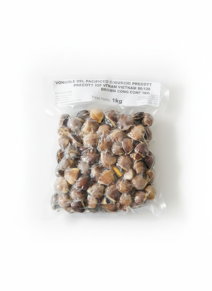 Vongole Del Pacifico C/guscio Precott Iqf Vietnam 90/120 Brown Cong pkg 1kg 10kg krt Fredd