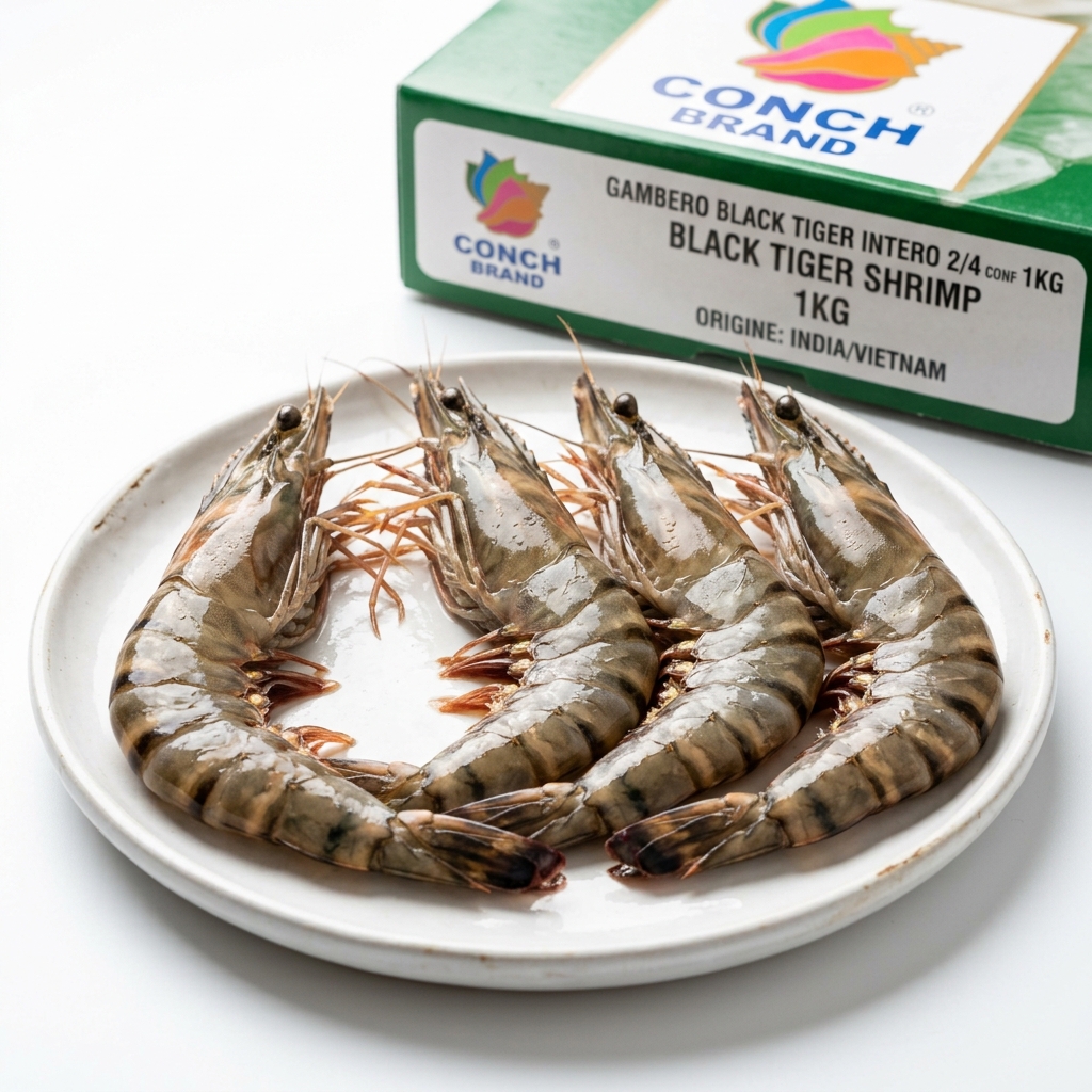 CREVETTE BLACK TIGER ENTIERE 2/4 CONF 1KG 10KG CRT GLASS 20%