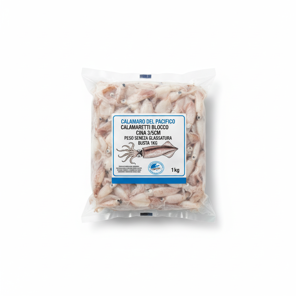 Calamaro del Pacifico Calamaretti Blocco Cina 3/5cm Peso senza Glassatura Busta 1kg 10kg crt FREDD