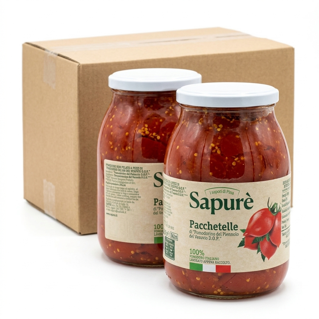 Tomates Pacchetelle Rouges Piennolo del Vesuvio DOP Bocal Verre 1062 ml (Carton 6) — Sapurè