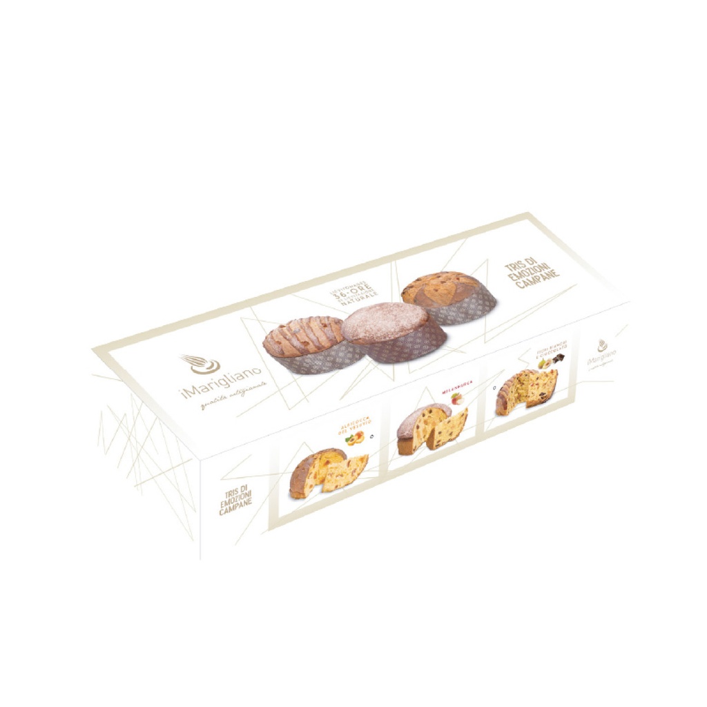 PANETTONI TRIS EMOZIONI CAMPANE FICHI BIANCHI MELANNURCA ALBICOCCA DEL VESUVIO 3PZ DA 500G MAR