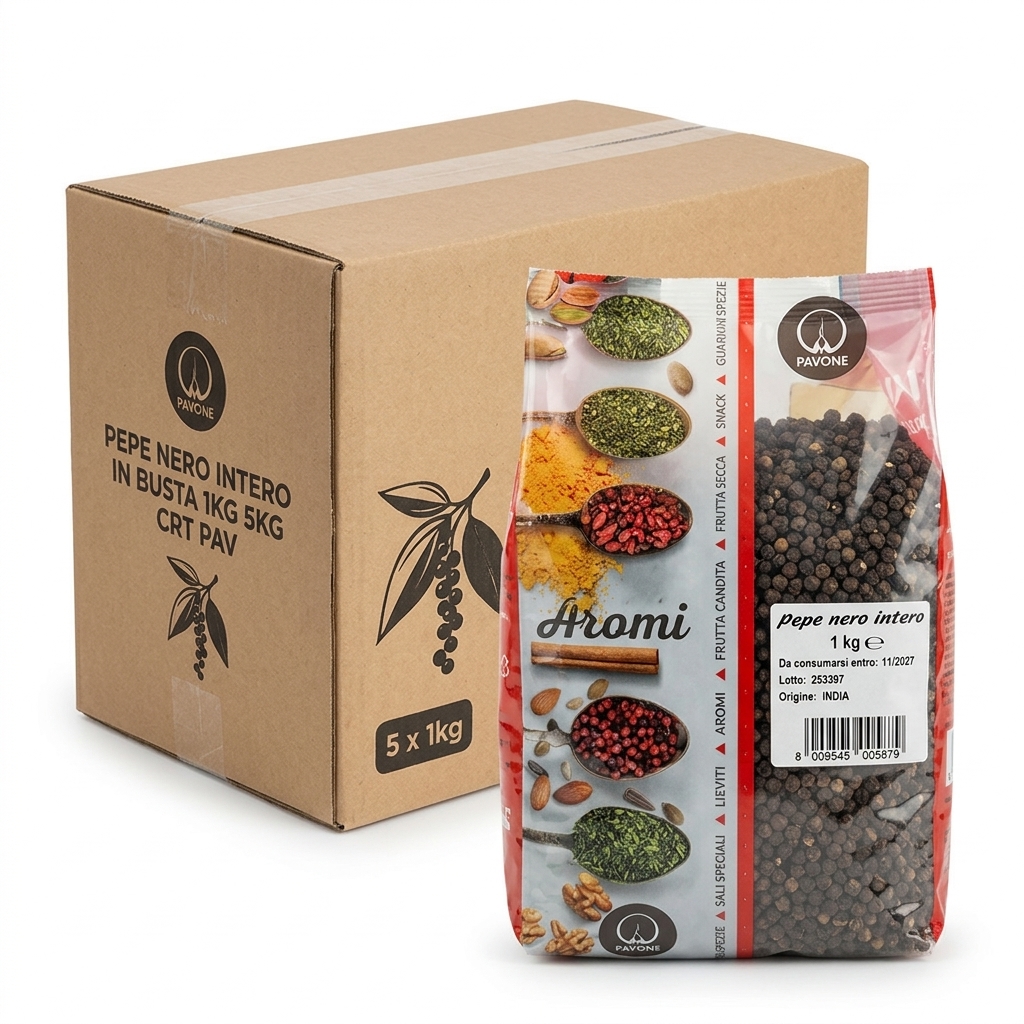 Pepe Nero Intero in Grani 1 kg (Cartone 15 kg) — Pavone