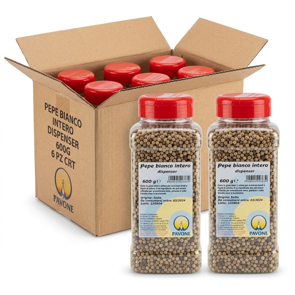 Pepe Bianco Intero in Grani Dispenser 600 g (Cartone 6) — Pavone