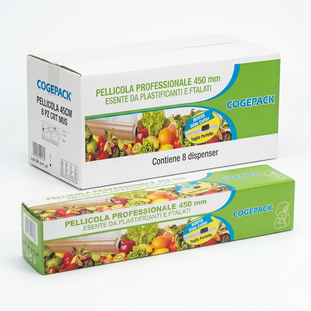 PVC Food Cling Film 45 cm with Slide Cutter Dispenser — Box of 8 Rolls — Musati