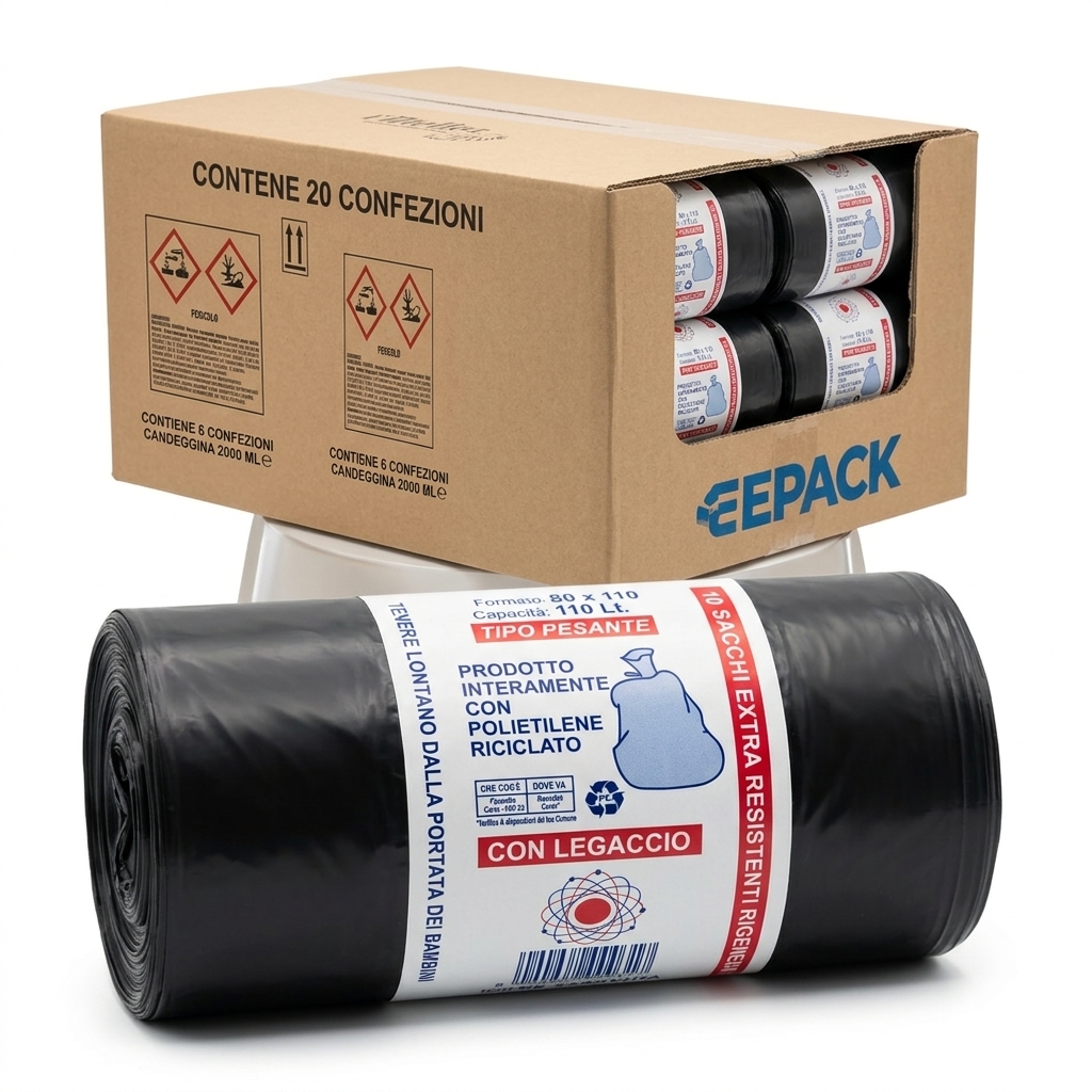 Sacco Spazzatura Spesso 80x110 L — Rotolo da 10 Pezzi (Cartone 20 Rotoli)