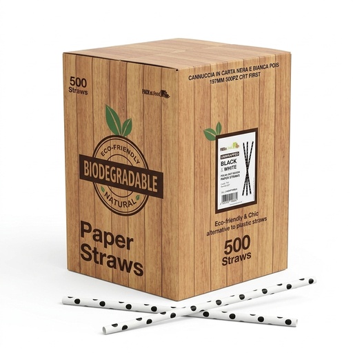 [210CHP190BLK] Cannucce in Carta Nere Decoro Pois Kraft 500 pz - 6 conf/cartone - First