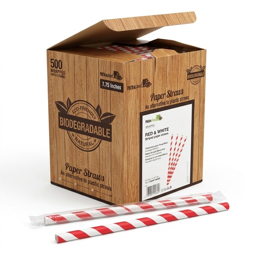 Pailles en Papier Rouge et Blanc Ø6mm H197mm 500pcs First