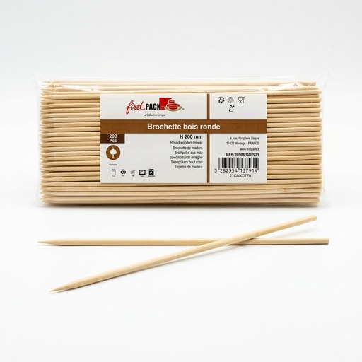 [200BRBOIS21] Spiedino Tondo in Legno H200 mm 200 pz (Conf. 5) — Firstpack