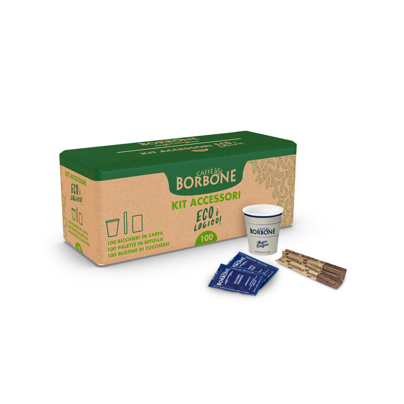 Kit Borbone Eco: 100 bicchierini, 100 bustine, 100 palettine (Cartone 21 kit) BOR