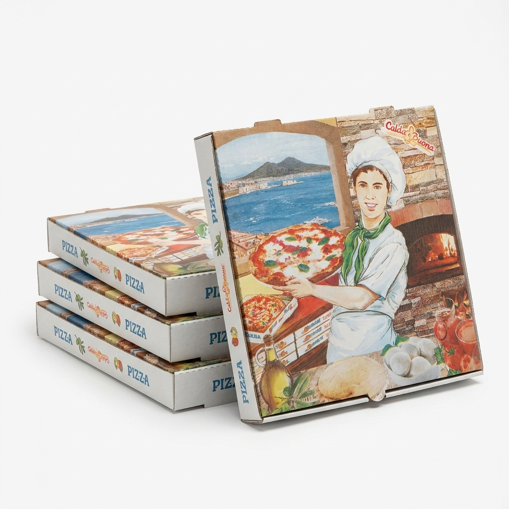 [SC00000693] Cartone Pizza Vesuvio Calda e Buona 32,5x32,5x3 cm (Confezione 100 pz) — Liner Italia