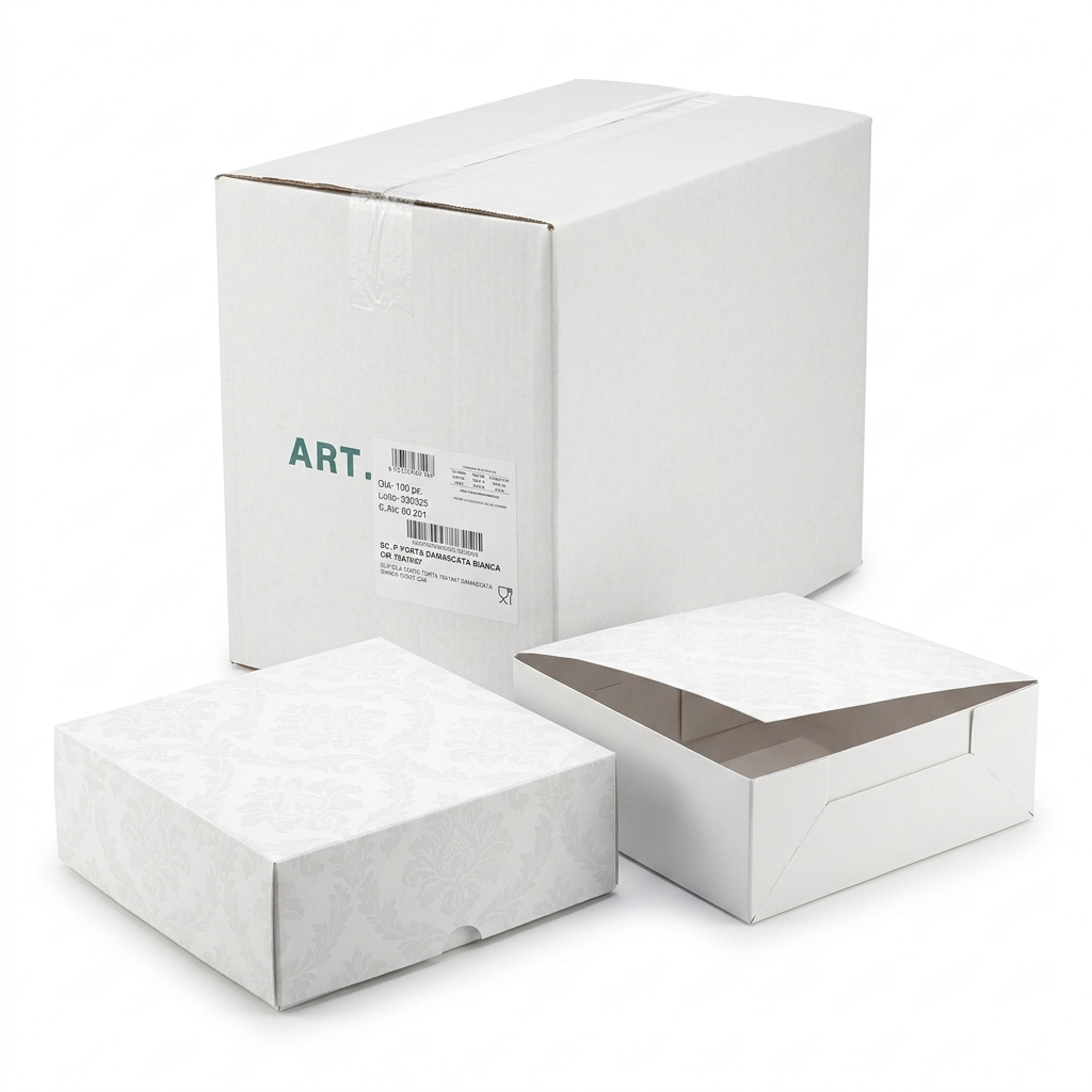 Tortenkarton Weiss Damast 19x19x7 cm 100 Stück