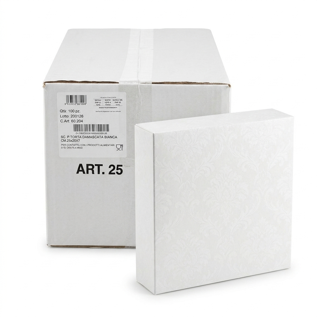Tortenschachtel 25x25x7cm Damast Weiß 100 Stk