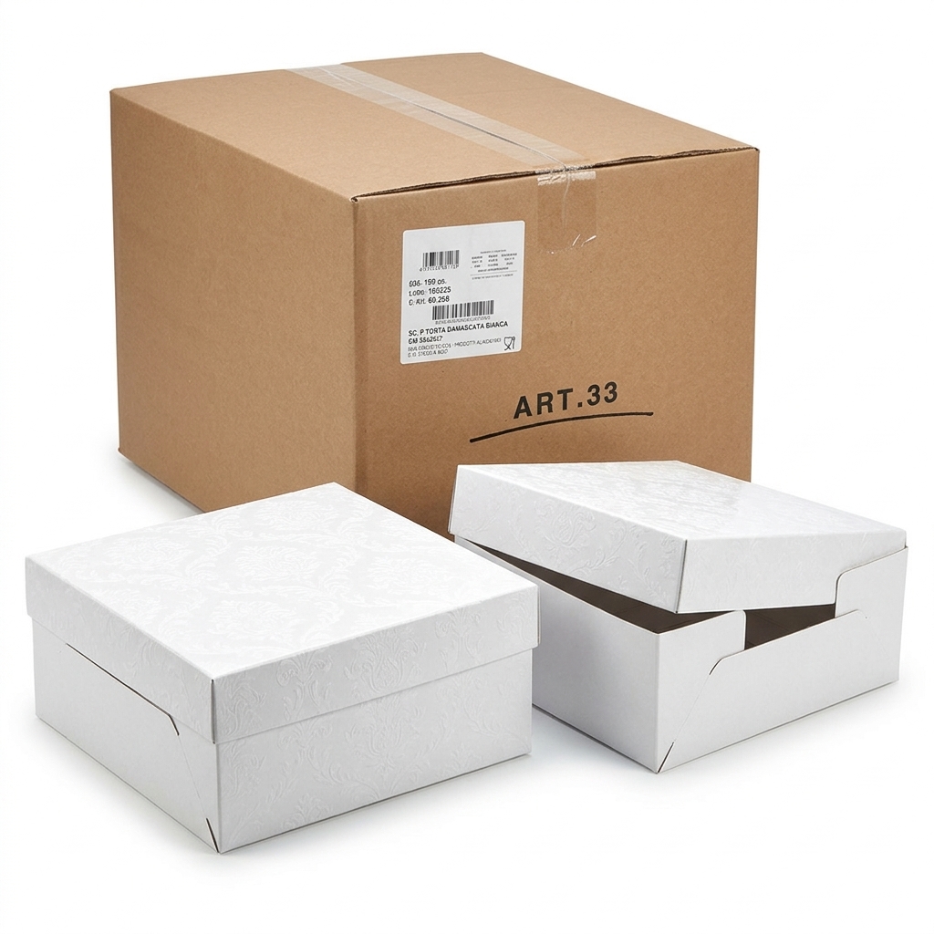 Scatola Porta Torta Damascata Bianca 33 x 33 x 7 cm 100 pz — BP Cartotecnica
