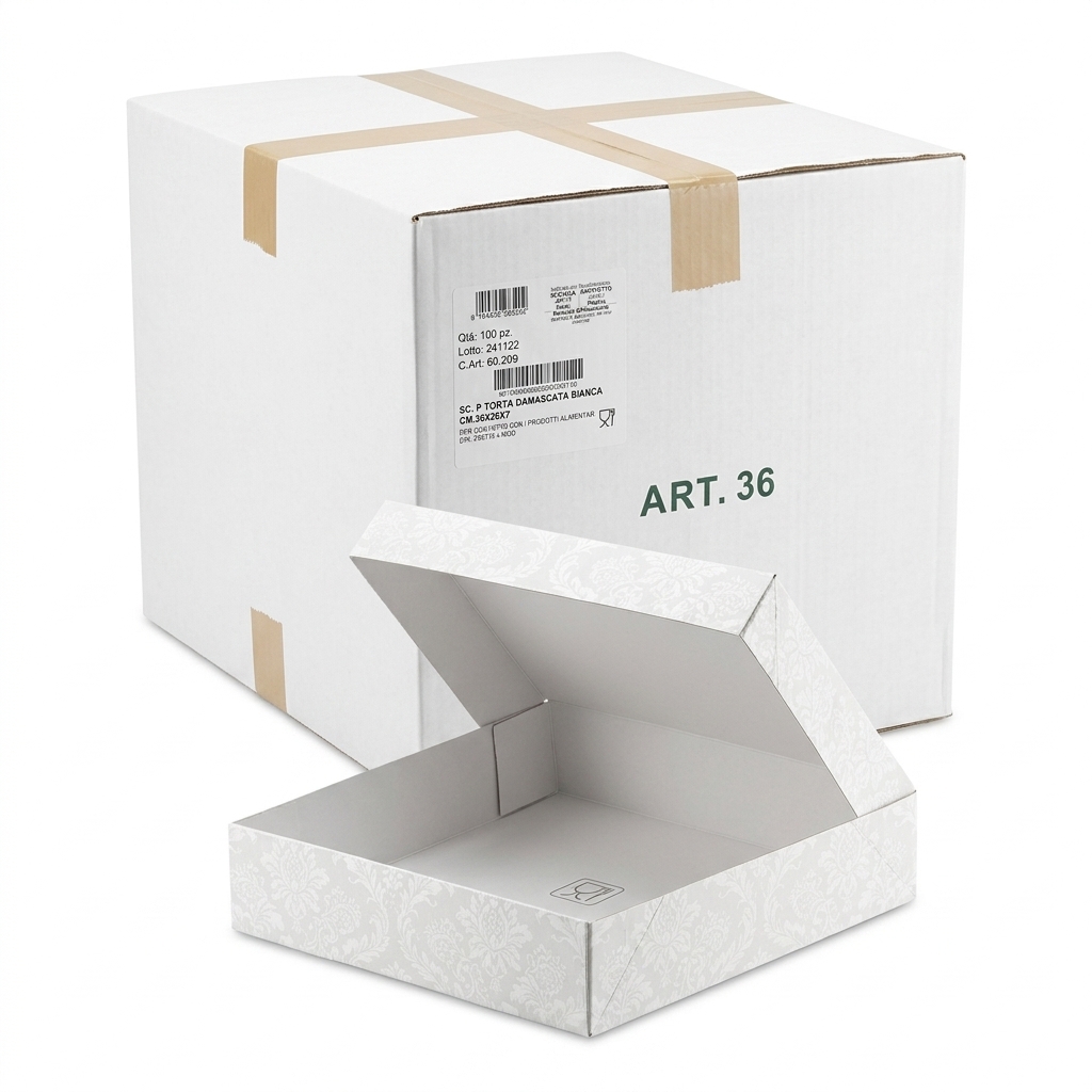 Boite a Gateau Blanche Damassee 36x36x7 cm (Carton 100 Pcs)