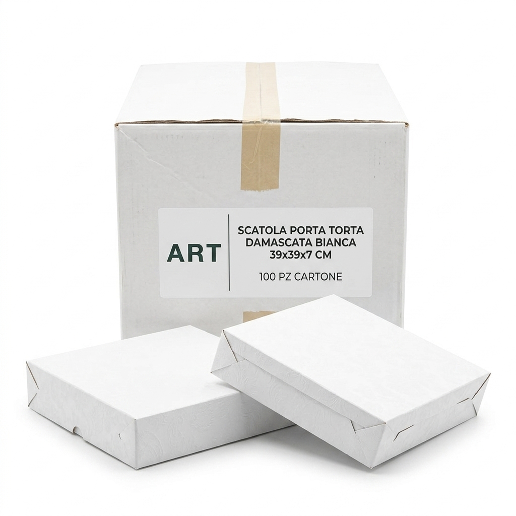 Tortenschachtel Damast Weiss 39x39x7 cm — 100 Stück Karton