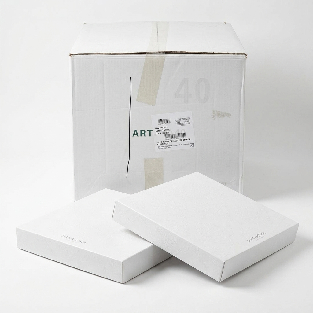 Tortenschachtel Damast Weiss 39x39x7 cm — 100 Stück Karton