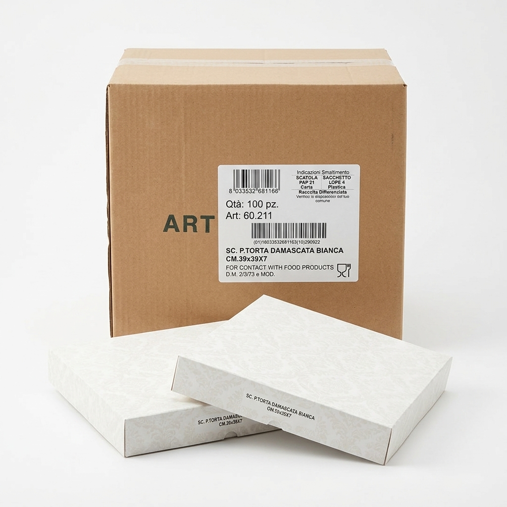Tortenschachtel Damast Weiss 39x39x7 cm — 100 Stück Karton