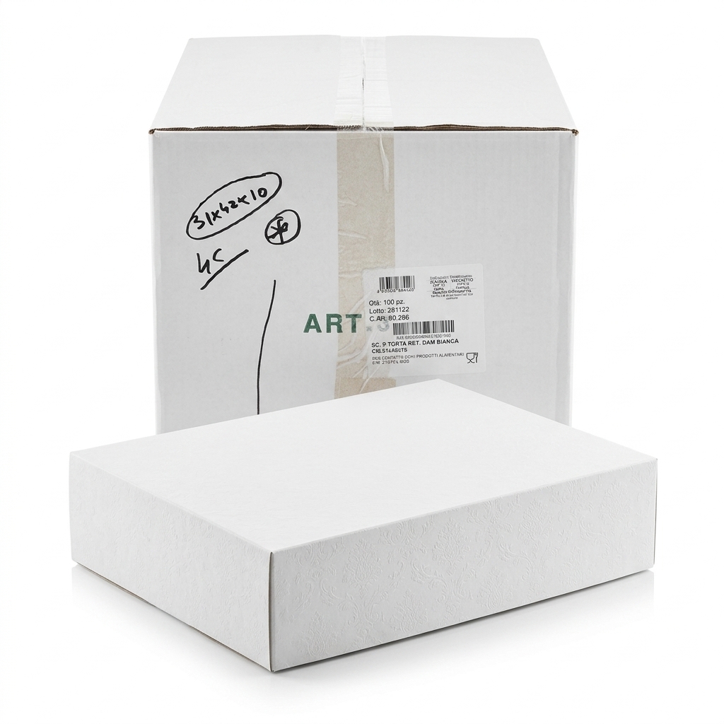 Scatola Porta Torta Damascata Bianca 31x42x10 cm — 100 pz Cartone