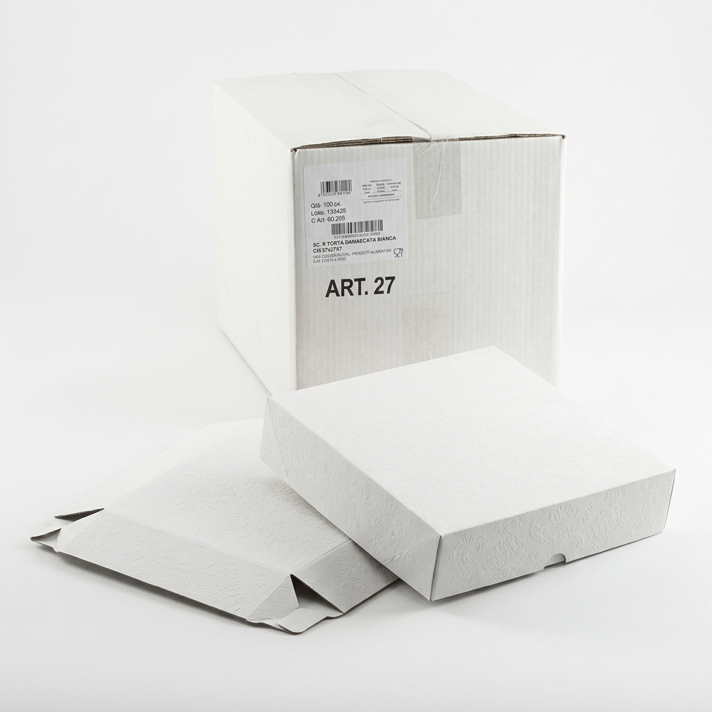 Tortenschachtel Damast Weiss 27x27x7h cm — 100 Stück Karton