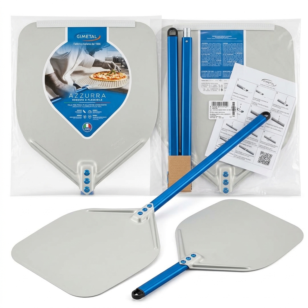Pala per Pizza Azzurra Rettangolare Non Forata Alluminio Anodizzato 33x33 cm Manico Smontabile 180 cm — GI.METAL