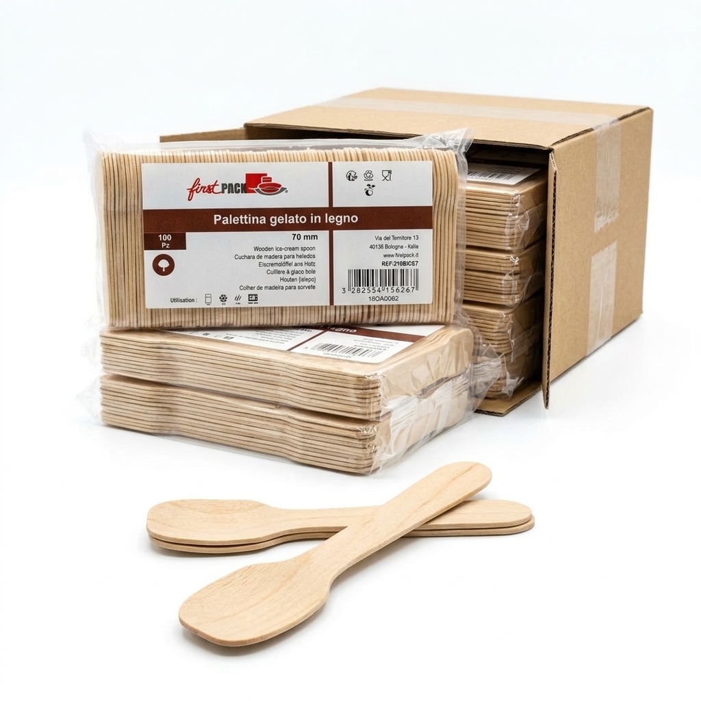 [210BICE7] Birch Wood Ice Cream Spoon 70 mm 100 Pcs (Carton of 30 Packs) — First Pack