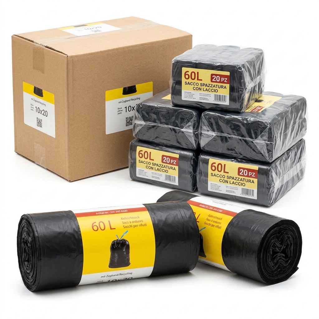 Garbage Bags 60 L with Drawstring — Roll of 20 (Carton 10 Rolls)