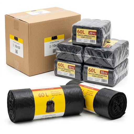 Garbage Bags 60 L with Drawstring — Roll of 20 (Carton 10 Rolls)