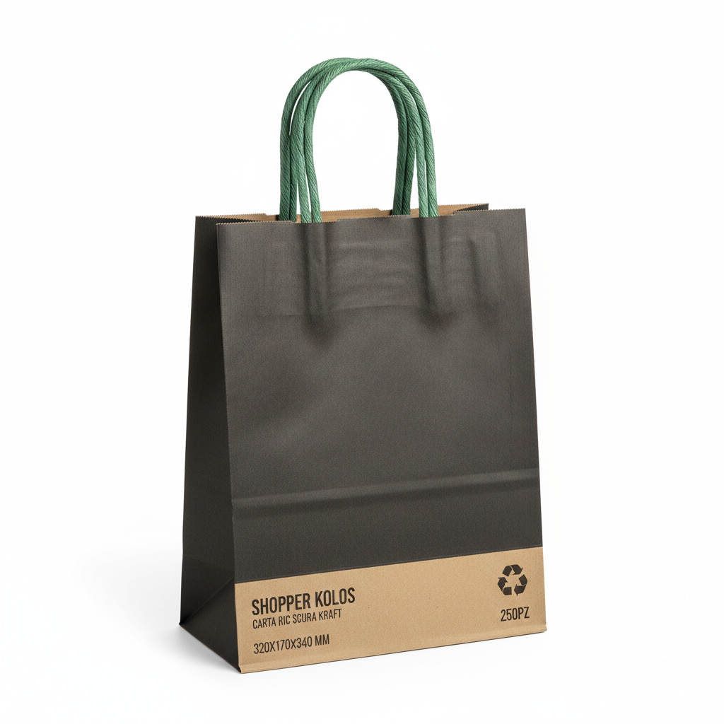 Shopper Kolos Carta Ric Scura Kraft Con Manicci Verdi 320x170x340 Mm 250pz