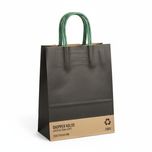 Shopper Kolos Carta Ric Scura Kraft con Manicci Verdi 320x170x340 mm 250pz