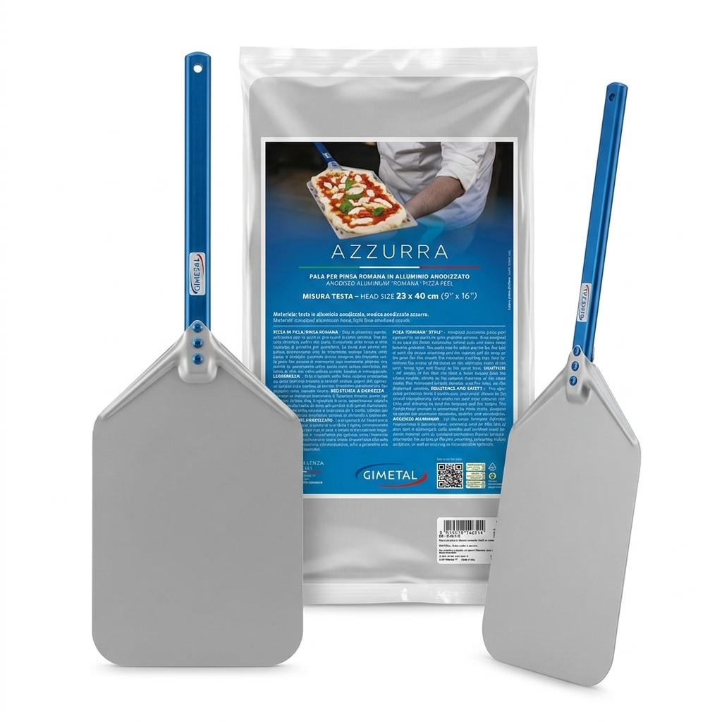 Pala per Pizza alla Romana Forata Alluminio Anodizzato Azzurro 23x40 cm Manico 120 cm — Gi.Metal