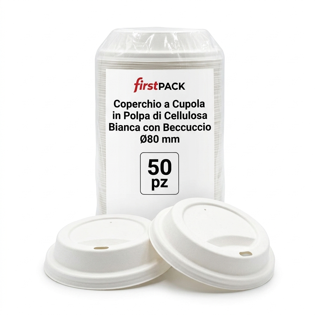 Couvercle dôme en pulpe de cellulose blanche avec bec verseur Ø80 mm - 50 pcs