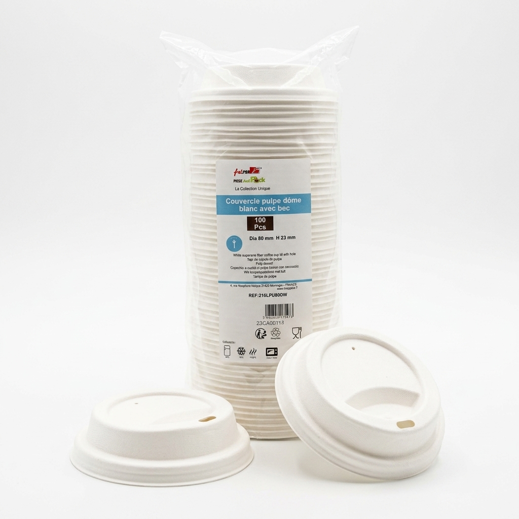 Domed Lid in White Cellulose Pulp with Sip Hole Ø80 mm - 50 pcs