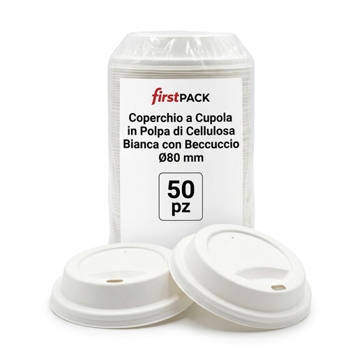 [210LPU80DW] Coperchio a Cupola in Polpa di Cellulosa Bianca con Beccuccio Ø80 mm - 50 pz