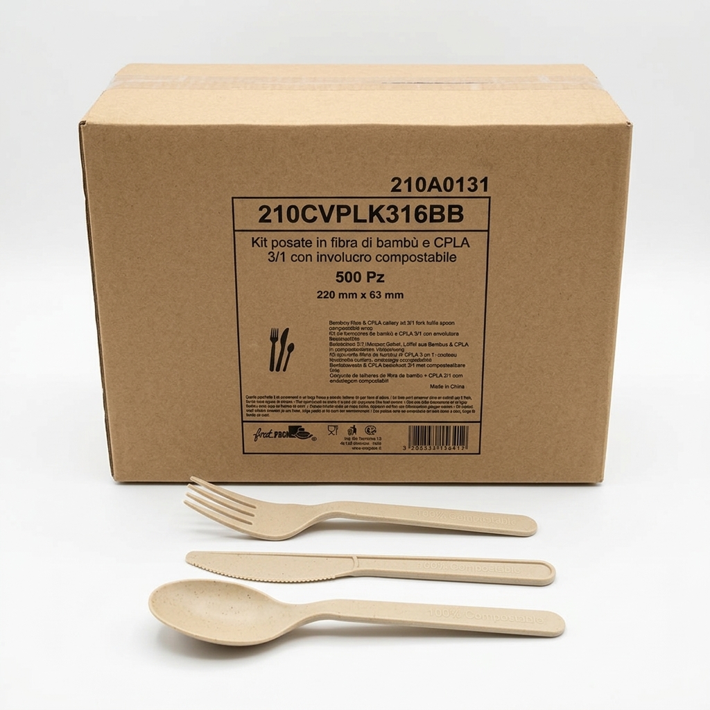 Kit Couverts Compostables 3en1 Fibre de Bambou et CPLA H150 mm (500 pcs)