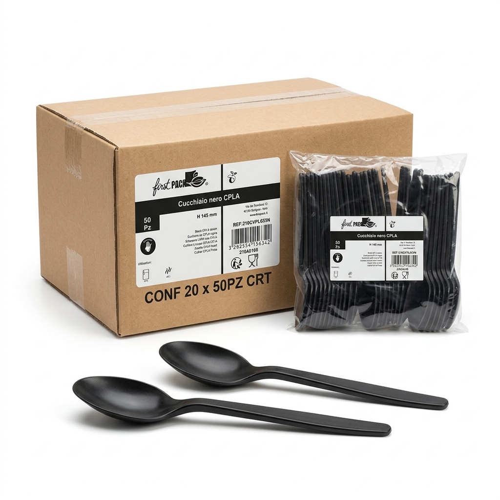 Cuillère CPLA Compostable Noire 145 mm (Paquet 50, Carton 1000) — First