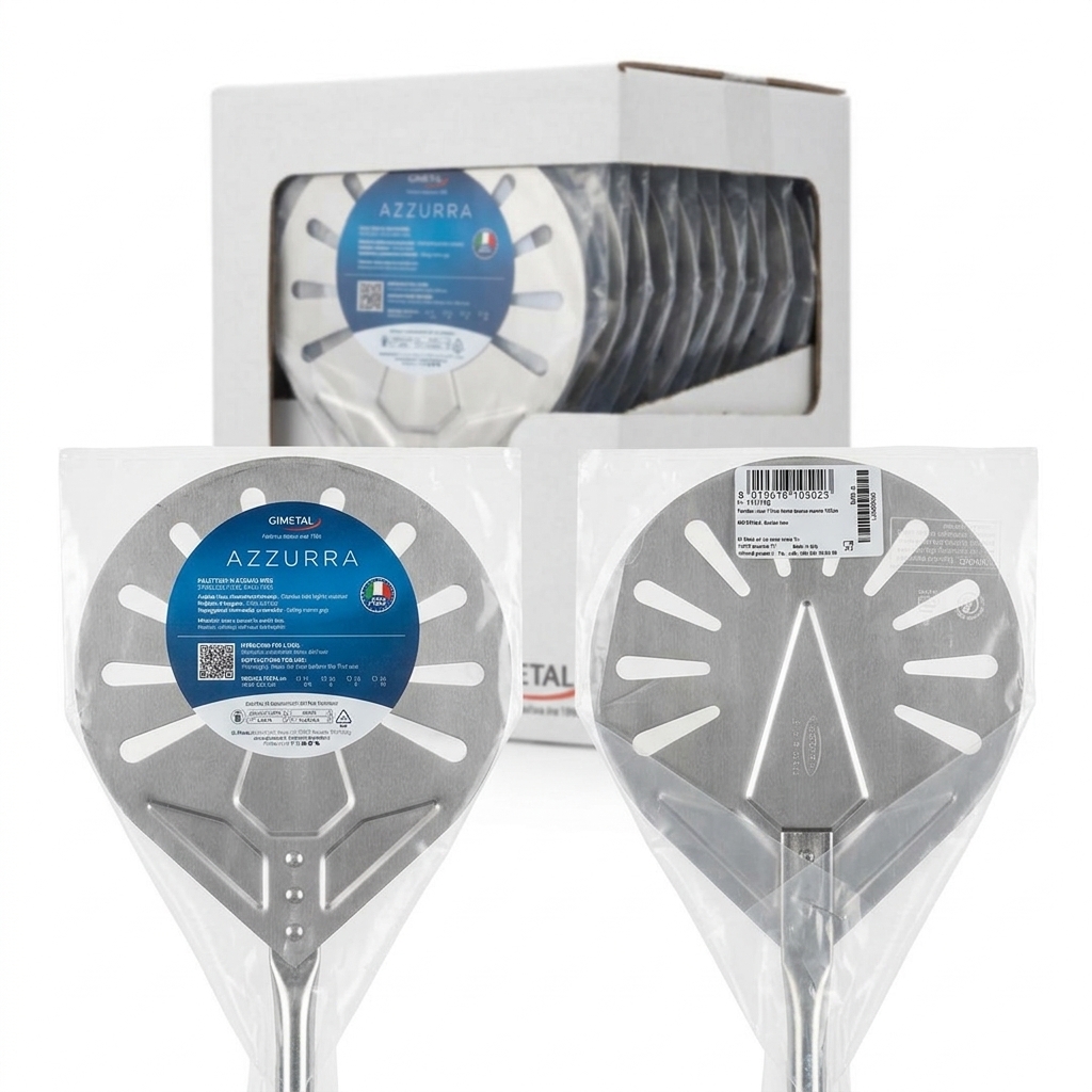 Gelochte Pizza-Wendeschaufel Edelstahl Azzurra Ø 17 cm Stiel 150 cm — Gi.Metal