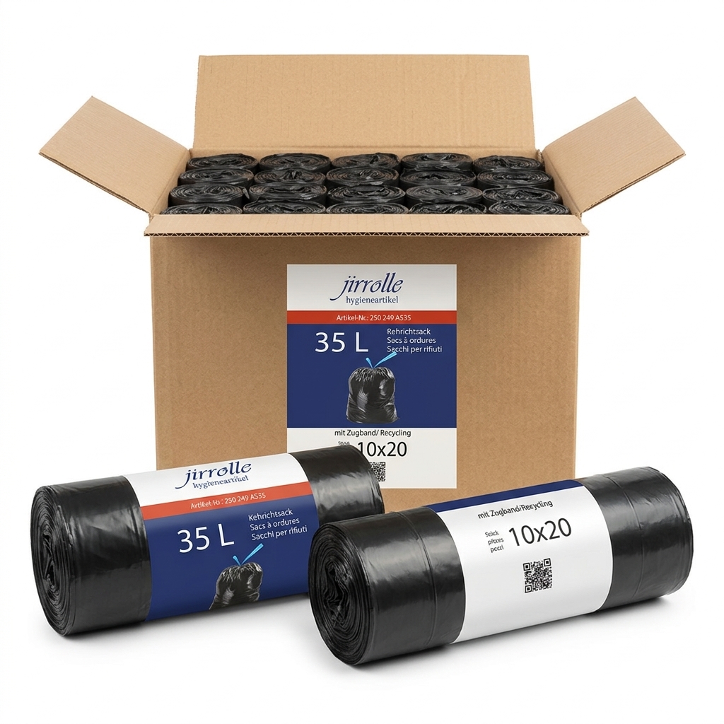 Black Garbage Bags 35 L with Drawstring, Roll of 10 (Carton 20 Rolls) — Jirrolle