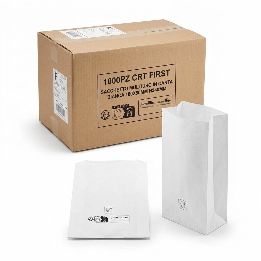 White Multi-Purpose Paper Bags 180 x 80 mm, height 340 mm (Case 1,000 pcs) FIRST