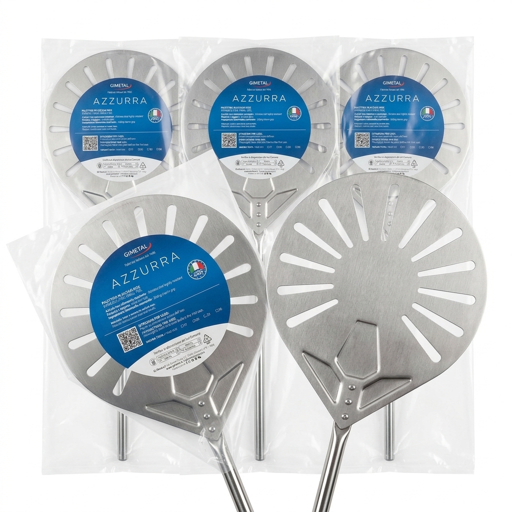 Palino Forato per Pizza Girapizza Acciaio Inox Azzurra Ø 23 cm Manico 180 cm — Gi.Metal