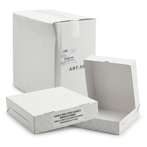 Boîte à Gâteau 50x50x7 cm Blanc Damassé 50 Pièces — BP Cartotecnica