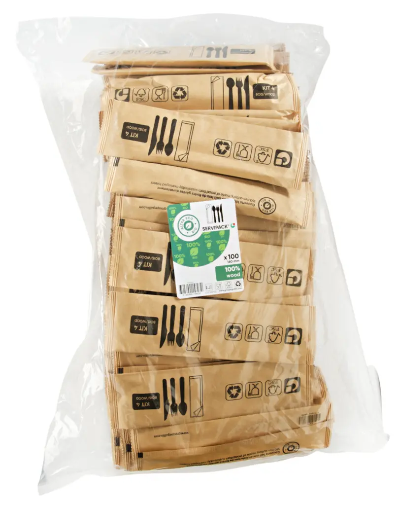 Kit di Posate in Legno 3/1 e Tovagliolo 100pz conf AL