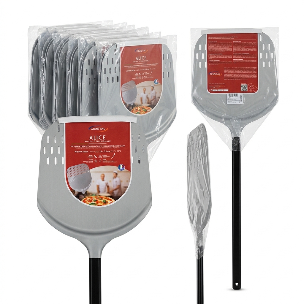 Pizzaschaufel Aluminium Gelocht Rechteckig 33x33 cm Stiel 150 cm — Gi.Metal